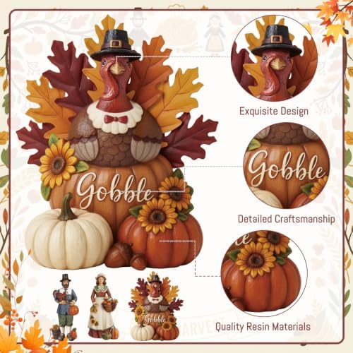 Simgoing 3 Pcs Fall Thanksgiving Figurine Resin Turkey Pilgrims Table Decor - Image 2