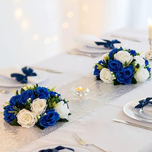 BLOSMON Royal Blue Artificial Flowers: 6 Pcs Fake Roses Flower Ball Centerpieces for Wedding Dinning Table - Faux Silk Kissing Bouquet Floral Arrangement for Home Party Event Decor - Image 2