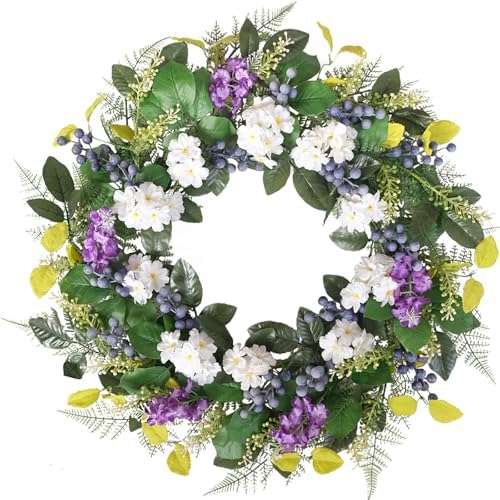 Idyllic 24 Inch Spring Summer Wreath for Front Door - Artificial Blueberry Bunch Wreath with White Purple Flowers Floral Decor for Window Mantel Wedding Indoor Outdoor Home Decoration by idyllic