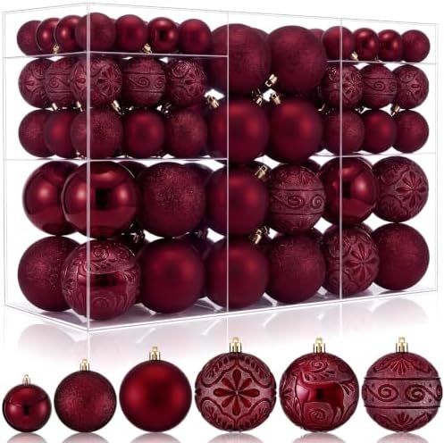 100 Pcs Burgundy Christmas Ball Ornaments for Tree, 6 Styles in 4 Sizes by Hollowfly