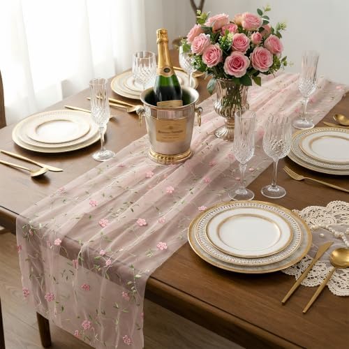 Ebrima 3 PCS Pink Floral Table Runner 9.2FT Embroidery Tulle FlowerTable Runner Mesh Lace Fabric for Home Garden Wedding Party Dining Table Decor DIY Craft (3) - Image 6