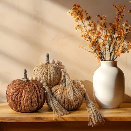 Wesiti 3 Pcs Rattan Pumpkin Decor with Tassel Beads Neutral Fall Decor - Image 5