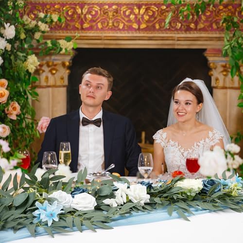 Dusty Blue Flowers Wedding Table Decor - Table Runner & Arch Backdrop with Eucalyptus & Blue Floral Garland - Image 4