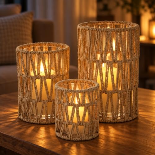 Baluue Rattan Hurricane Candle Holders Set of 3 Wicker Boho Lanterns by Baluue