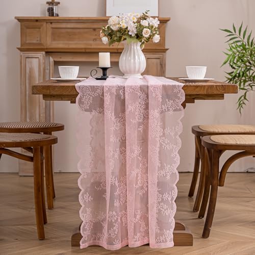 Pink Lace Table Runner with Floral Embroidered (3pcs, 28”x118”) by Winotic