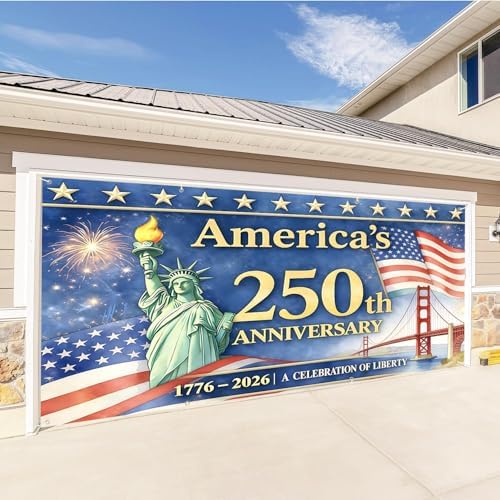 6x13FT Ameri-ca's 250th Anniversary Garage Door Banner, Liberty Statue and Golden Gate Bridge Design, Celebrate 1776–2026, Patriotic Outdoor Decor for Independence Day, Memorial Day - Image 3
