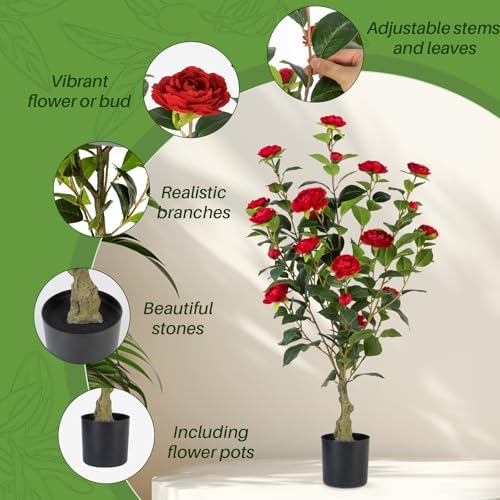 Artificial Camellia Tree 2 Pack, 3FT Faux Camellia Plant in Pot, 36 inch Fake Potted Camellia Flower Tree Plastic Camellia Tree for Modern Home Office Christmas Living Room Floor Decor Indoor, Red - Image 2