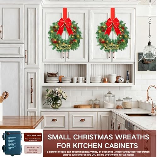 15 Inch Christmas Wreath Decorations,Set of 3 Pre-Lit Mini Kitchen Cabinet Christmas Wreaths with Red Bows&Pine Cones& Berries &Hooks & Storage Bag for Front Door, Windows, Fireplace (Indoor/Outdoor) - Image 7