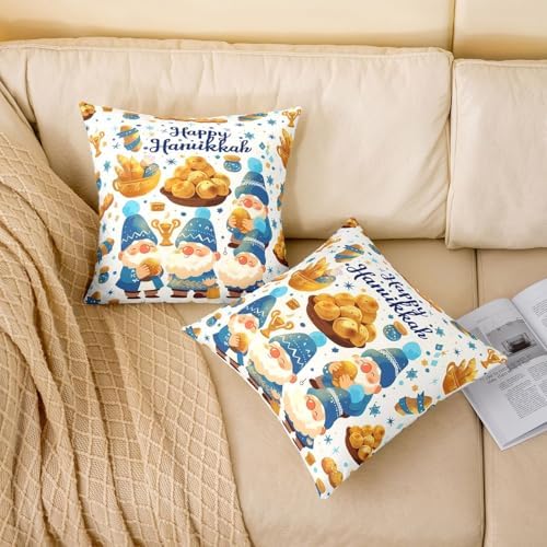 Erosebridal Happy Hanukkah Decorative Pillow Covers, Cute Menorah Stars Throw Pillow Covers 24X24 Set of 2, Funny Gnome Cushion Cases for Couch Bed Sofa Home Decor, Blue and White - Image 2