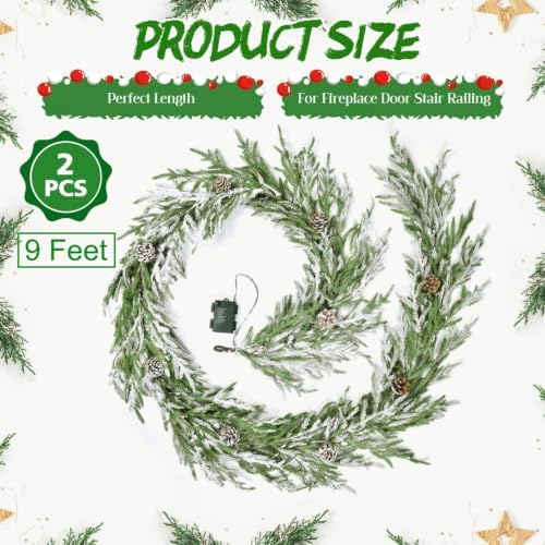 YoleShy 2 PCS 9 FT Real Touch Norfolk Pine Garland Flocked Christmas Garland with Lights Pinecone and White Snow Battery Operated Prelit Garland Christmas Decorations for Mantle Fireplace Xmas Home - Image 2