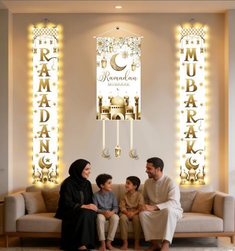 3 IN 1 LED Eid Mubarak Ramadan Banner Decorations, Light Up Mosque Lattern Islamic Mubarak Ramadan Party Favor Supplies Decorations for Outdoor Indoor (White) - Image 3