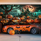 Halloween Garage Door Cover 7x16ft Ancient Tree Spooky Graveyard Glowing Pumpkin Halloween Garage Door Decorations for 2 Car Haunted Castle Hallows' Banner for Party Decoration Background - Image 6