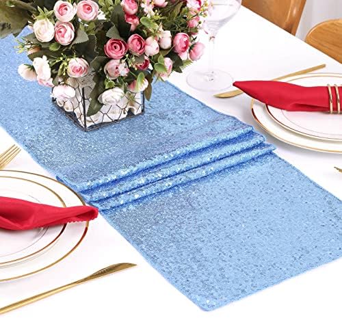 Glitter Sequin Table Runners 10 Pieces 12x108 Inchs Baby Blue Elegant Wedding Sparkly Table Runner Birthday Bachelorette Celebration Decorations Supplies - Image 5