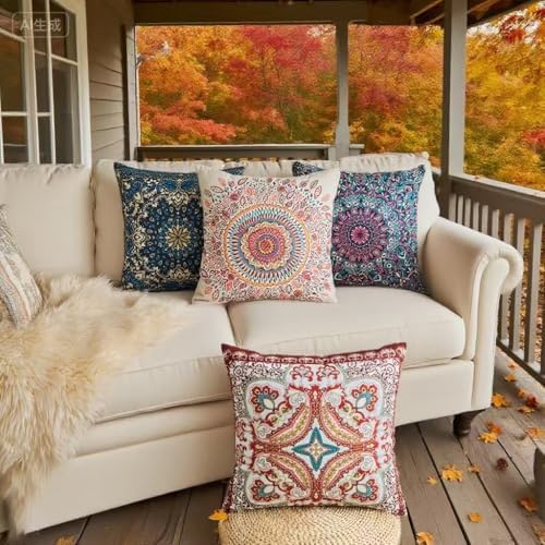 Boho Throw Pillow Covers 20X20 Inch Set of 4 Farmhouse Decorative Couch Pillow Cases Vintage Floral Pillows for Sofa Living Room Bedroom Summer Outdoor Patio Porch - Image 4
