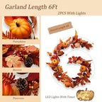 2 Pcs 6Ft Fall Garland with Lights Fall Decorations for Home, Fake Pumpkin Berry Autumn Maple Leaves Garland for Mantle Halloween Thanksgiving Harvest Party Fireplace, Fall Decor Porch Vines - Image 3