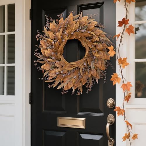 26" Artificial Fall Eucalyptus Wreath with Seeds for Front Door(Orange) - Image 3