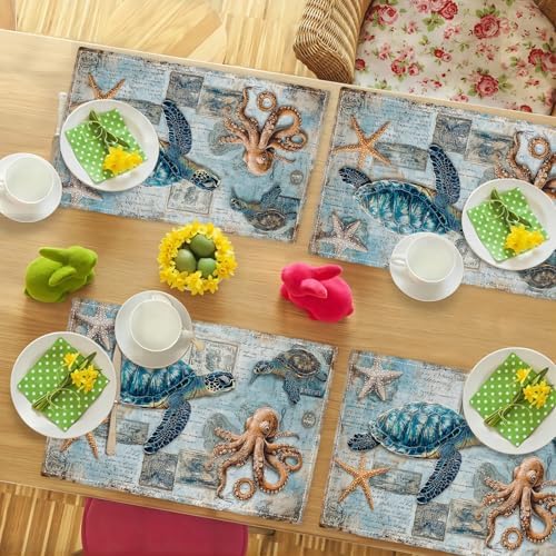Sea Turtle Octopus Placemats Set of 6 Beach Table Mats Vintage Place Mats Decor Imitation Linen Heat Resistant Ocean Animals Tablecloth for Dining Decoration Kitchen Party Restaurants 12''x18'' - Image 3