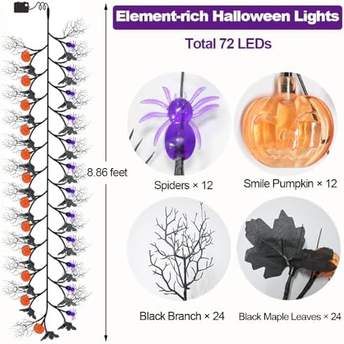 Halloween Garland with Lights 8.86FT 72LED Willow Vine Twig with Timer Black Garland Lights with Orange Pumpkins Purple Spiders and Black Leaves Dead Branches Halloween Decorations Indoor Outdoor - Image 3