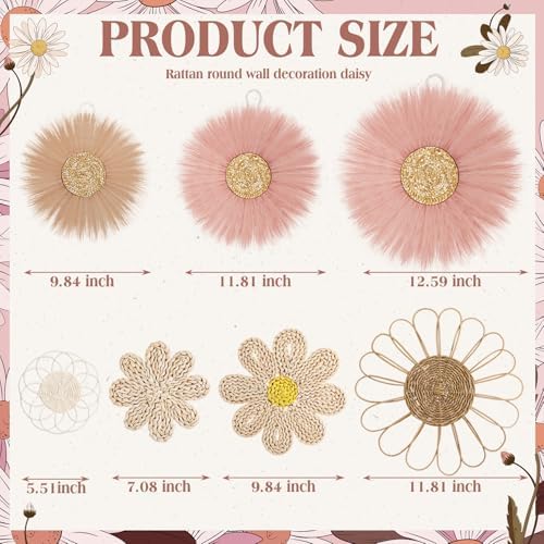 Chunful 7 Pcs Boho Wall Basket Decor Rattan Flower, Dark Pink - Image 2