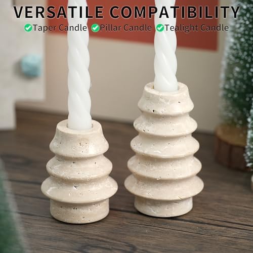 Travertine Marble Candlestick Holders - Set of 2 Stone Candle Sticks Holder Tree Decor, Decorative Modern Candle Stands for Taper Candles - Image 3