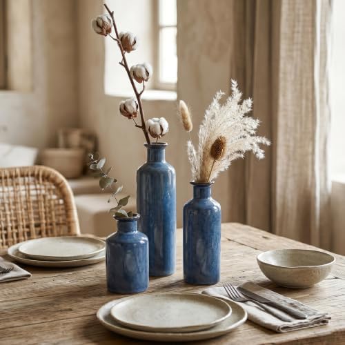 Ceramic Vase Set of 3, Deep Blue Glazed Bud Vases for Home Decor, Modern Farmhouse Decorative Blue Vases for Flowers, Table Centerpiece Set for Dining Room Living Room Kitchen Shelf Mantel - Image 2