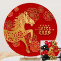 5x5ft Chinese New Year Round Backdrop 2026 New Year Party Decoration Horse Paper Cutting Hanzi Red Golden Floral Circle Background China Traditional Spring Festival Backdrop Cover Photo Booth Prop by Unknown