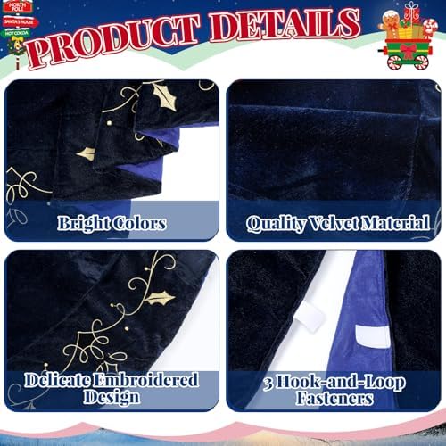 36inch Christmas Tree Skirt Navy Blue Luxury Velvet Plush Fur Skirts with Gold Embroidery Xmas Velvet Tree Skirt Holly Leaves Gold Embroidered Trees Skirts for Christmas Holiday Party Decorations - Image 3