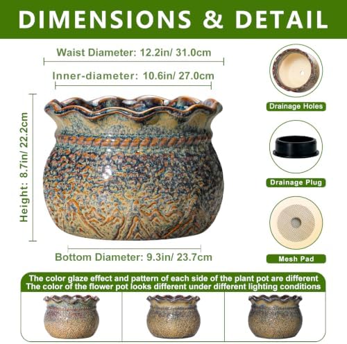 Ceramic Planter, 12 Inch Pots for Plants, Yellowish Brown - Image 2