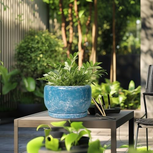 SQOWL Ceramic Planters - 10 Inch Plant Pot Indoor with Drainage Hole and Saucer, Decorative Flower Pot Outdoor, Round Large Planter, Living Room Office Garden Decor, Plant Lover Gifts for Women, Blue - Image 5