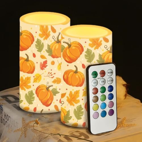 Pumpking Leaves Candles Battery Operated with Retome LED Candles Flickering Warm Light Fall Table Decorations for Dining Room Bedroom Living Room Home Thanksgiving Party by WelcometoLuarisgur