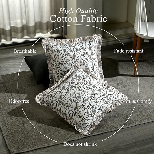 CPC Cocoa Vine Hand Block Print 100% Cotton Ruffle Throw Pillow Cover 24x24 inch with Hidden Zipper Decorative for Couch, Bed, Sofa, Farmhouse, Cottagecore Decor Gift Christmas Fall Thanksgiving - Image 3
