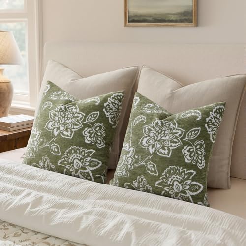 Set of 2 Chenille Floral Pillow Covers 20x20 Inch Sage Green - Image 5