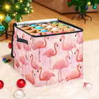 Colorful Flamingos on Pink Christmas Ornament Storage,Stores up to 64 Holiday Ornament,Adjustable Dividers,Zippered Top,Two Handles Attractive Storage Box Keeps Decorations Clean - Image 3