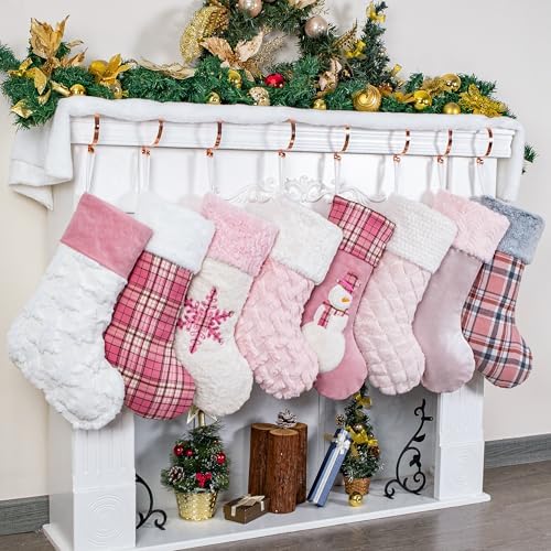 GEX Pink Plush Christmas Stockings for Family 20" Large Pink Plaid Xmas Stockings Classic Fireplace Decorations Hanging Ornament (8 Pack) - Image 2