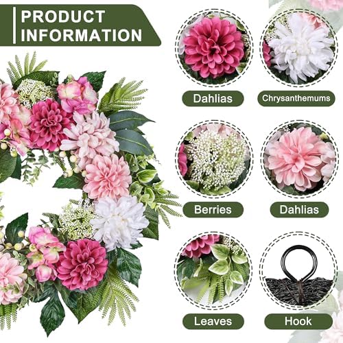 24-Inch Spring Wreath for Front Door with Hydrangeas Dahlias Daisy Silk Flowers and Berry Greenery for All Seasons Indoor Outdoor Wedding Farmhouse Porch Wall Living Room Home Wedding Decor - Image 2
