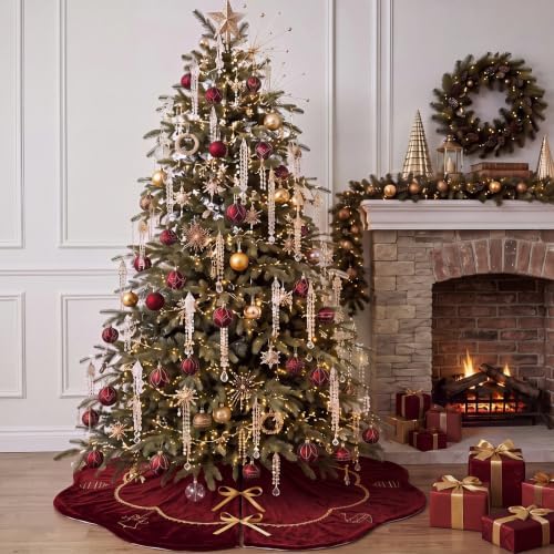 Blueweenly Burgundy Velvet Christmas Tree Skirt 48 in Vintage Tree Skirt - Image 5