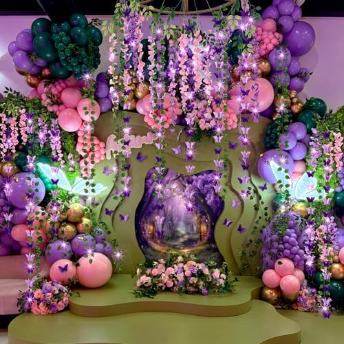 Duraaamo 35 Pcs Fairy Party Garland Decoration LED Artificial Wisteria Hanging Flowers Garland 3D Butterfly Hanging Decor Vine Rattan Ivy Greenery for Spring Home Wedding Fairy First Birthday Party - Image 6
