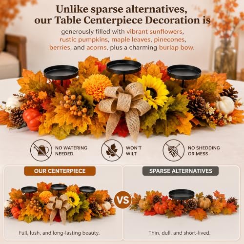 Fall Candle Holder Centerpiece for Table Decor with Maple Leaves Burlap Bow - Image 5