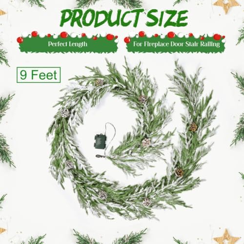 YoleShy 9 FT Real Touch Norfolk Pine Garland Flocked Christmas Garland with Lights Pinecone and White Snow Battery Operated Prelit Garland Christmas Decorations for Mantle Fireplace Xmas Home Decor - Image 2