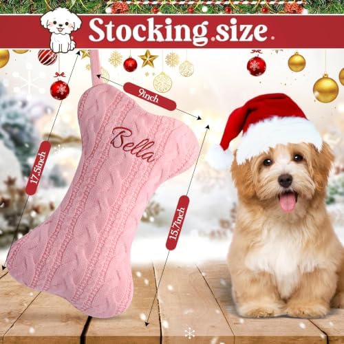 Personalized Dog Christmas Stockings,Custom Embroidered Pet Name & Bone Shape Stocking for Pet,Pink Blue Cable Knit 15.7” Large Dog Stocking for Fireplace Holiday Decor Gifts(3 Pack) - Image 2