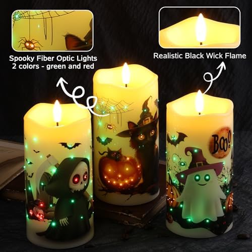 Eywamage Fiber Optic Halloween Flameless Pillar Candles with Remote 3 Pack - Image 3