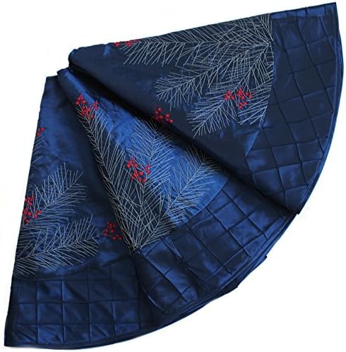 X.Sem Large Pine Branches Berry Embroidered Faux Silk Christmas Tree Skirt with Pintuck Border 50'' Blue (50 inch) by ONGLYP
