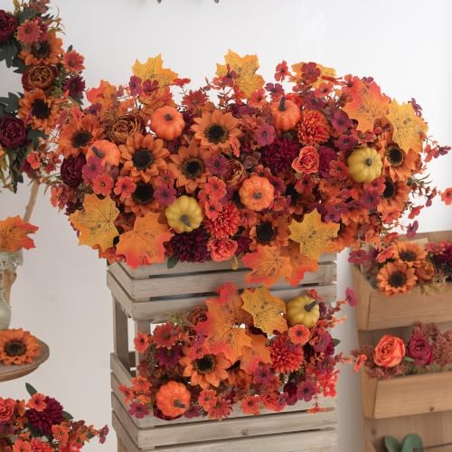 Mixed 12 Pcs Fall Artificial Flowers, Sunflower Peony Bouquet with Maple Leaves Pumpkins, Autumn Faux Floral Arrangements for Table,Thanksgiving, Halloween, Porch Planters, Garden Patio Outdoors Decor - Image 7