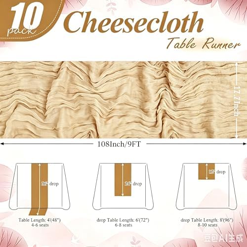 24 Pack Beige Cheesecloth Table Runner 17"x108" Boho Gauze Fabric Table Runner Vintage Rustic Sheer Runners for Wedding Party Bridal Baby Shower Table Decorations - Image 2