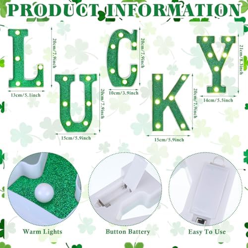 VIHOSE 5 Pcs St. Patrick's Day LED Letter Lights Sign Plastic Lucky Letters Light up Table Top Sign Irish Lucky Light up Room Decor Gifts for Home Decoration Bar Party Bedroom - Image 2