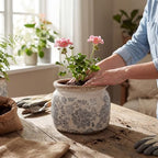 7.7" Large Ceramic Plant Pot Beige Gray Rustic Peony Crackle Glaze Rustic Flowers Pot Decorative Planter with Drainage for Indoor Outdoor Plants Home Kitchen Office Decor Gift - Image 4