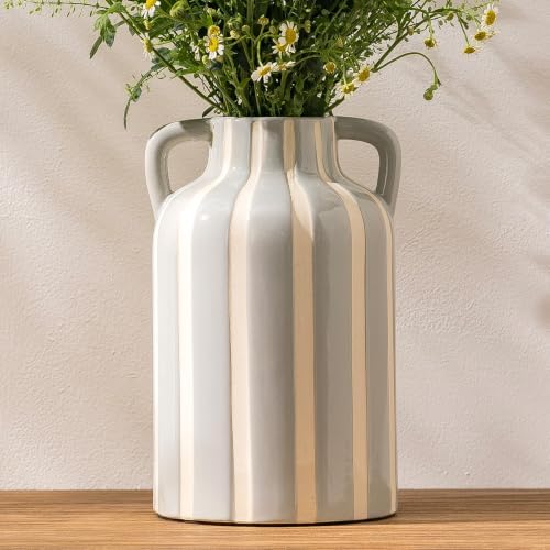SURE YUESI Grey Ceramic Vase with Handles, Modern Farmhouse Striped Decorative Vase, 9.1" Art Deco Tall Flower Vases for Pampas Grass, Shelf Decor, Dining Table Centerpiece, Living Room Home Decor by SUREYUESI