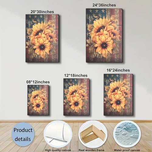 ZERILYN Ship Next Day – American Flag Sunflower Canvas Print, Rustic Patriotic Wall Hanging, Independence Day Home Decor, Country Farmhouse Wall Art - Image 6