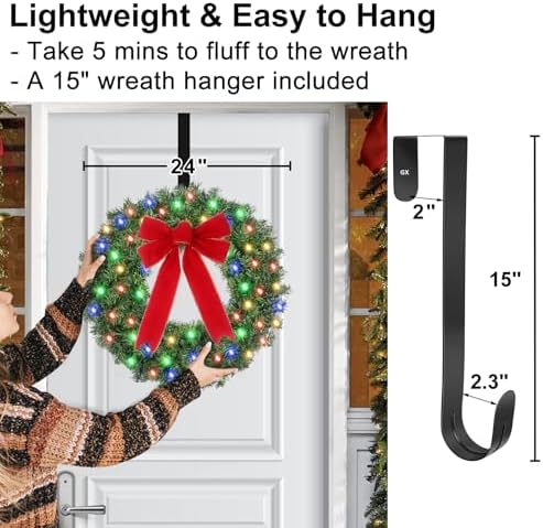 24in Pre Lit Christmas Wreath with Lights & Timer & Remote - 50 Multi-Colored LEDs, 8 Lighting Modes - Lighted Christmas Wreath with Hanger & Red Bow for Christmas Indoor Front Door Porch Decorations - Image 7