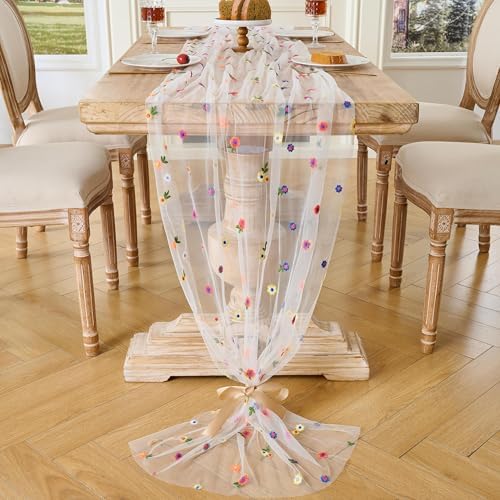 6PCS Lvory Floral Table Runner 10 FT, Embroidery Daisy Table Runners Seasonal Spring Summer Sheer Tulle Dining Table Decor for Home Party Birthday Decor 29x120 Inch ﻿ - Image 5